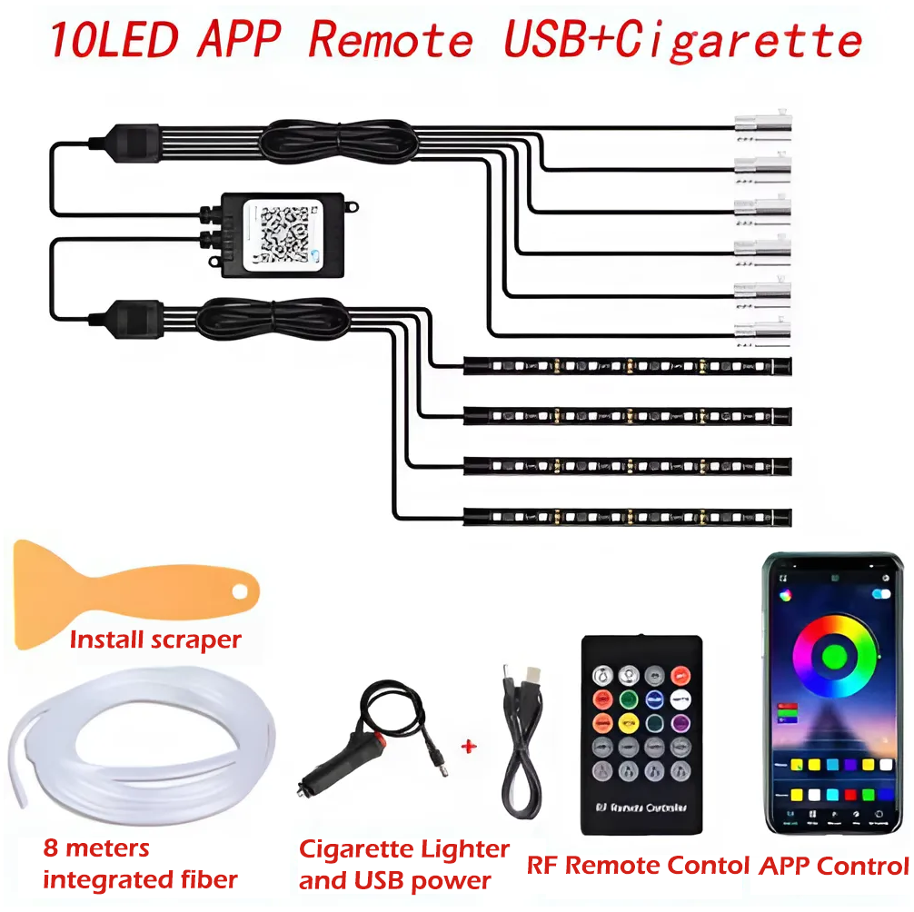 RGB LED Car Interior Ambient Strip Lights with APP Control